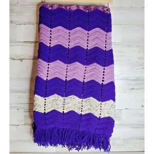 Handmade Crochet Throw Blanket Purple Lilac Cream Chevron Beautiful Cozy 58x62"